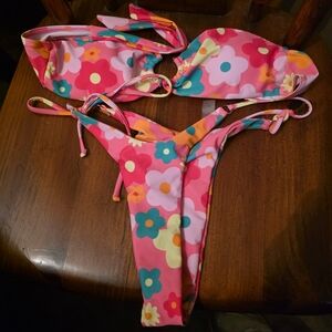 Floral Pink Bikini Set, Thong, String Bikini, Daisy Flowers